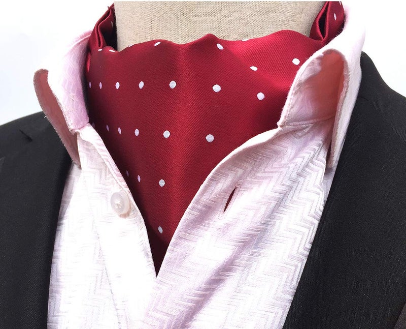 Secdtie Men's Burgundy Red Self Cravat Tie Polka Dot Satin Ascot for Wedding Anniversary Party - Image 3